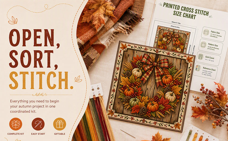 Fall Wreath - Full 11CT Stamped Cross Stitch 45x45CM - Huacan