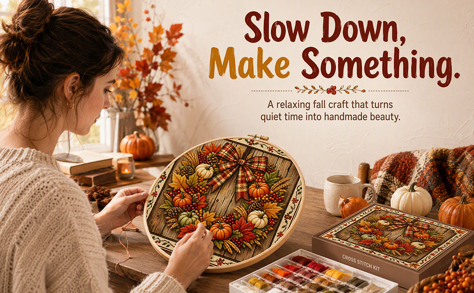 Fall Wreath - Full 11CT Stamped Cross Stitch 45x45CM - Huacan