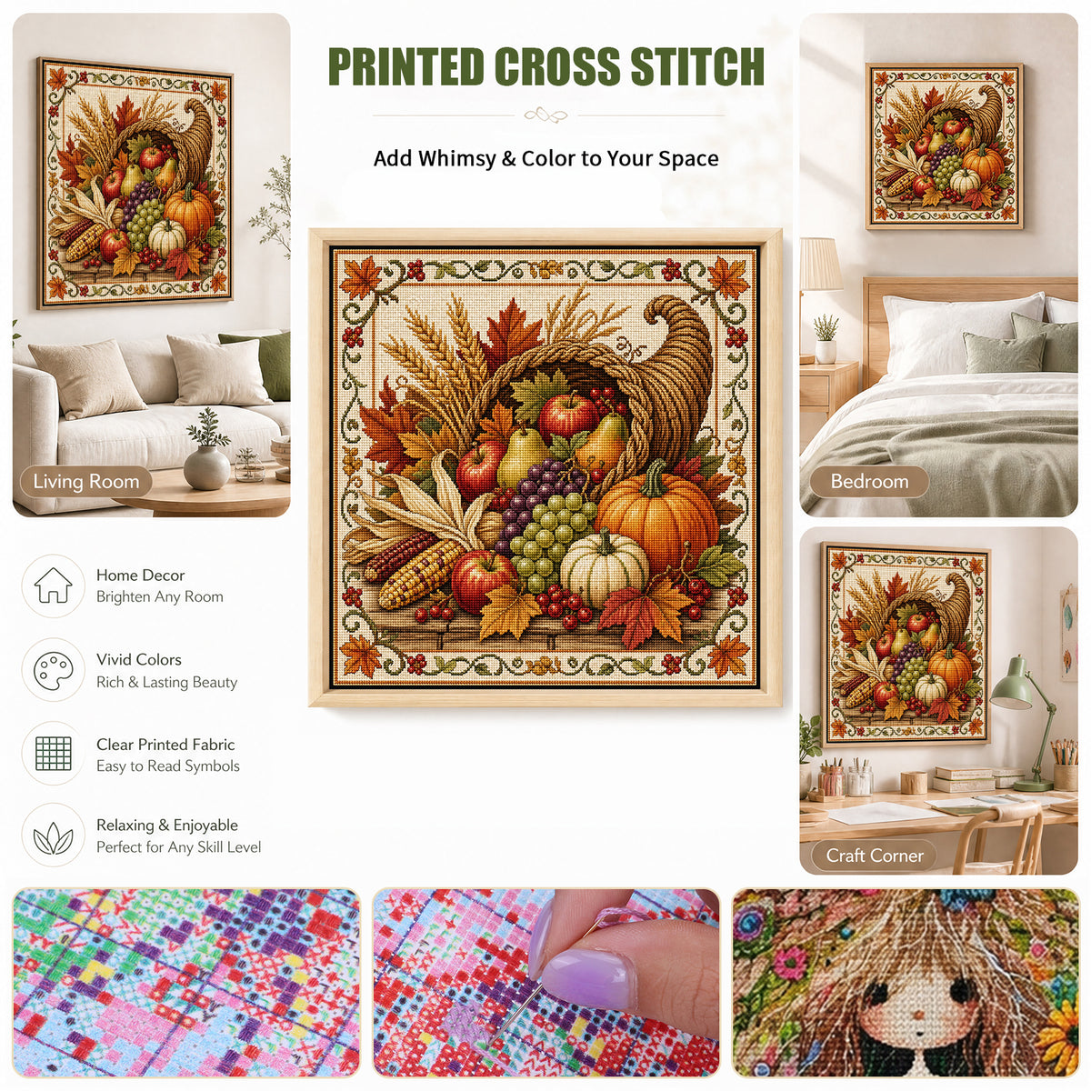 Cornucopia Fruit - Full 11CT Stamped Cross Stitch 45x45CM - Huacan