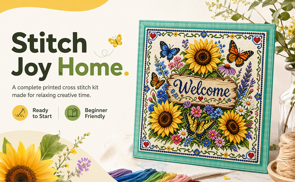 Sonnenblumen und Schmetterlinge zur Begrüßung der Gäste – Vollständiges 11CT-Stempel-Kreuzstichset 45x45 cm – Huacan