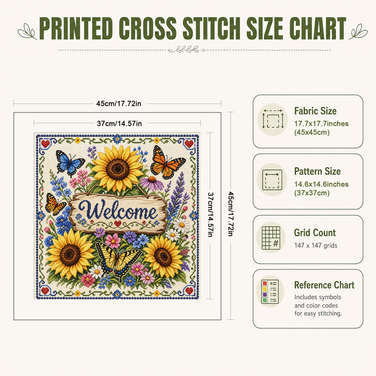 Sonnenblumen und Schmetterlinge zur Begrüßung der Gäste – Vollständiges 11CT-Stempel-Kreuzstichset 45x45 cm – Huacan