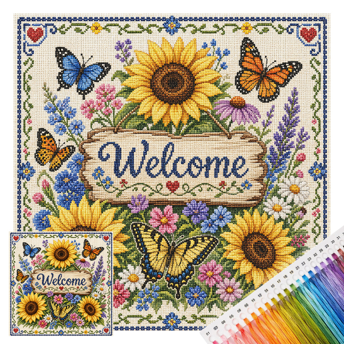 Sonnenblumen und Schmetterlinge zur Begrüßung der Gäste – Vollständiges 11CT-Stempel-Kreuzstichset 45x45 cm – Huacan