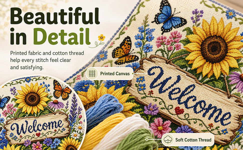 Sonnenblumen und Schmetterlinge zur Begrüßung der Gäste – Vollständiges 11CT-Stempel-Kreuzstichset 45x45 cm – Huacan