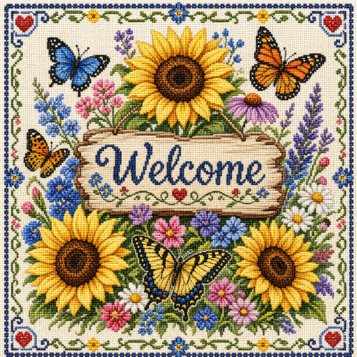 Sonnenblumen und Schmetterlinge zur Begrüßung der Gäste – Vollständiges 11CT-Stempel-Kreuzstichset 45x45 cm – Huacan
