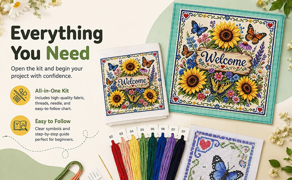 Sonnenblumen und Schmetterlinge zur Begrüßung der Gäste – Vollständiges 11CT-Stempel-Kreuzstichset 45x45 cm – Huacan