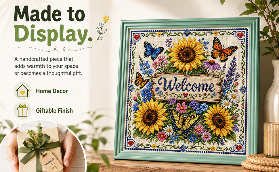 Sonnenblumen und Schmetterlinge zur Begrüßung der Gäste – Vollständiges 11CT-Stempel-Kreuzstichset 45x45 cm – Huacan