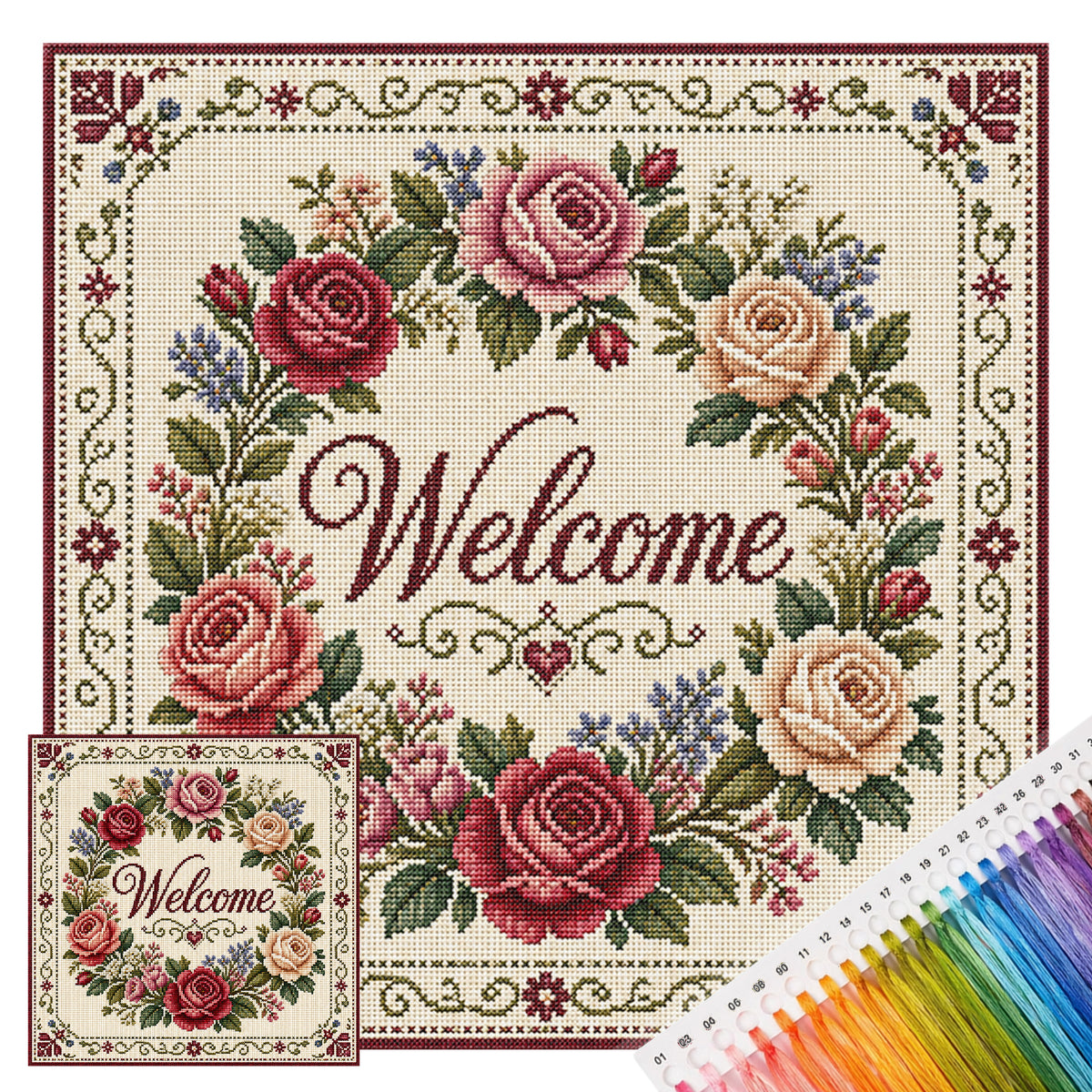 Rosenkranz – Vollständiges 11CT Stempel-Kreuzstich-Set 45x45CM – Huacan