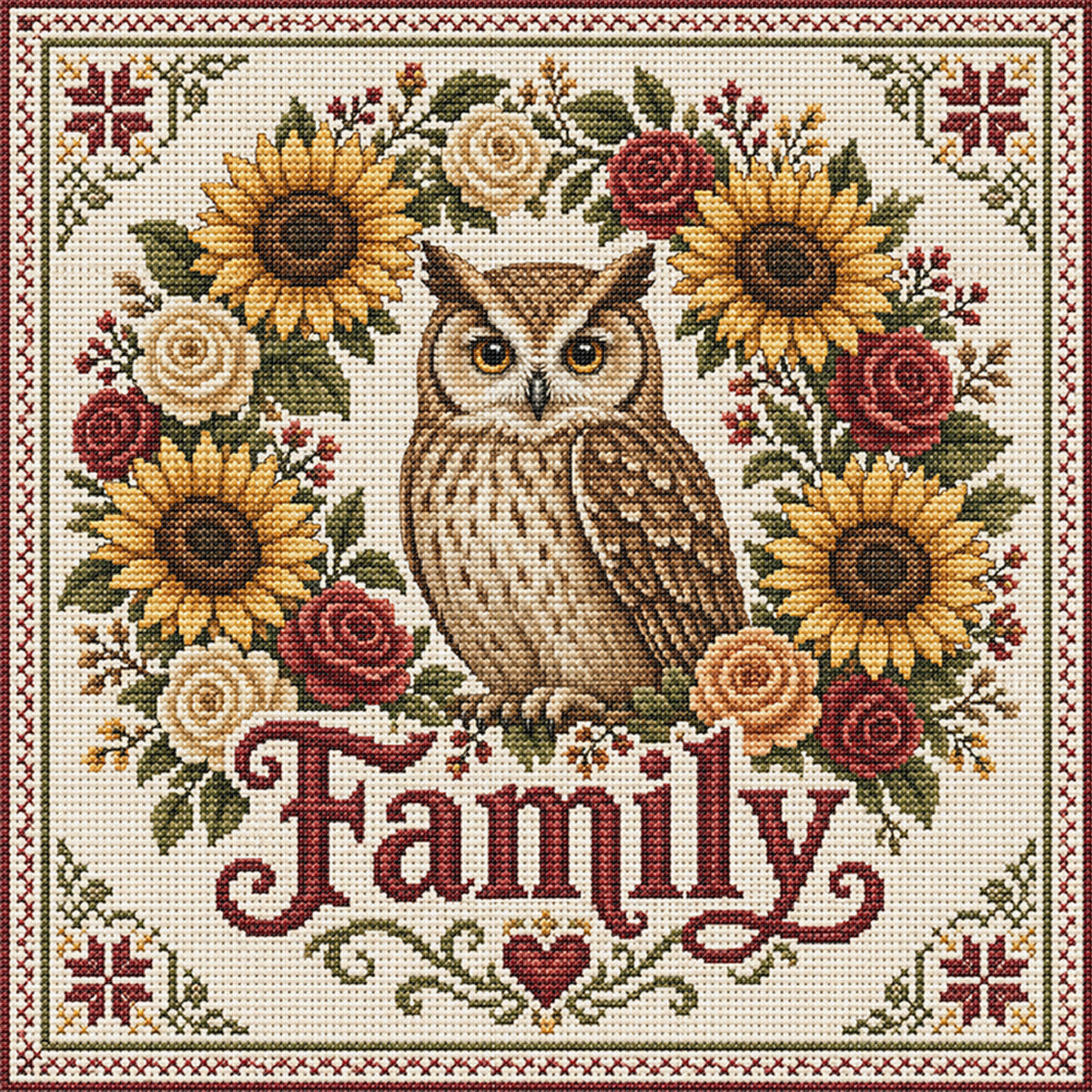 Sonnenblumen-Garten-Eule – Komplettes 11CT Stempel-Kreuzstichset 45x45CM – Huacan