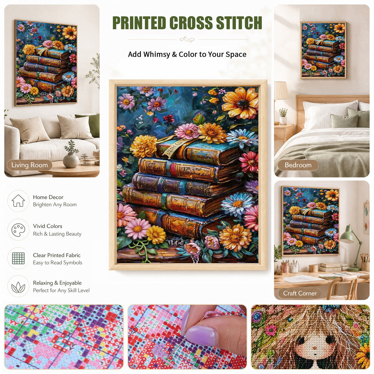 Book Blooms – Vollständiges 11CT Stempel-Kreuzstich-Set 40x50CM – Huacan