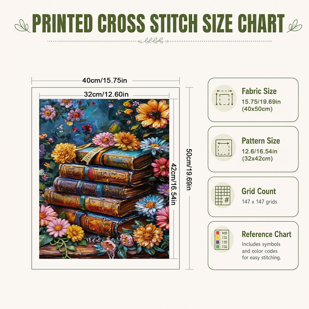 Book Blooms – Vollständiges 11CT Stempel-Kreuzstich-Set 40x50CM – Huacan