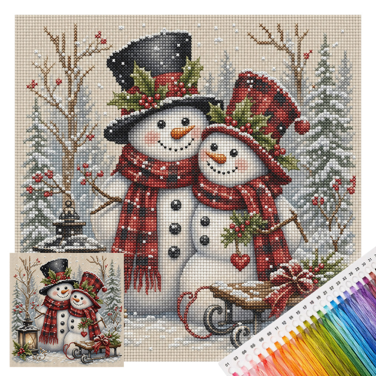 Snowman Pair - Full 11CT Stamped Cross Stitch 45x45CM - Huacan
