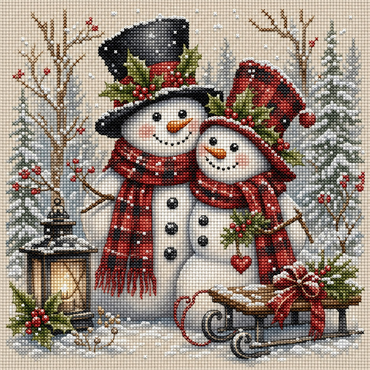 Snowman Pair - Full 11CT Stamped Cross Stitch 45x45CM - Huacan