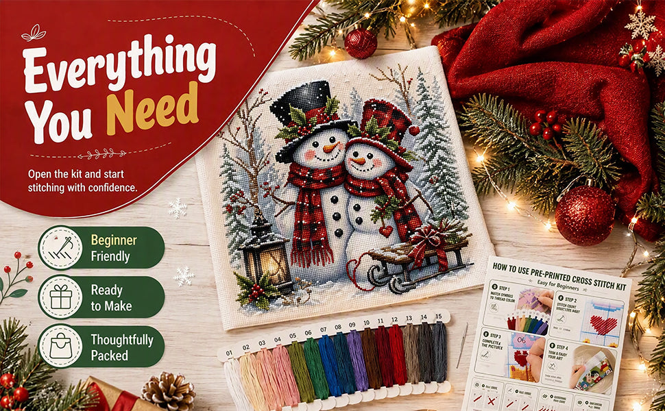 Snowman Pair - Full 11CT Stamped Cross Stitch 45x45CM - Huacan