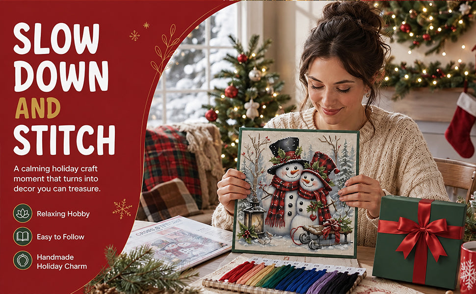Snowman Pair - Full 11CT Stamped Cross Stitch 45x45CM - Huacan