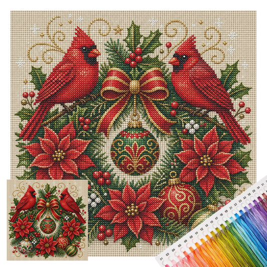 Kardinal-Weihnachtskranz mit Hund – Vollständiges 11CT Stempel-Kreuzstichset 45x45 cm – Huacan