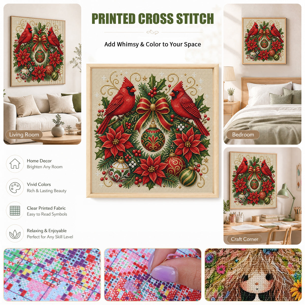 Cardinal Wreath-Dog - Full 11CT Stamped Cross Stitch 45x45CM - Huacan