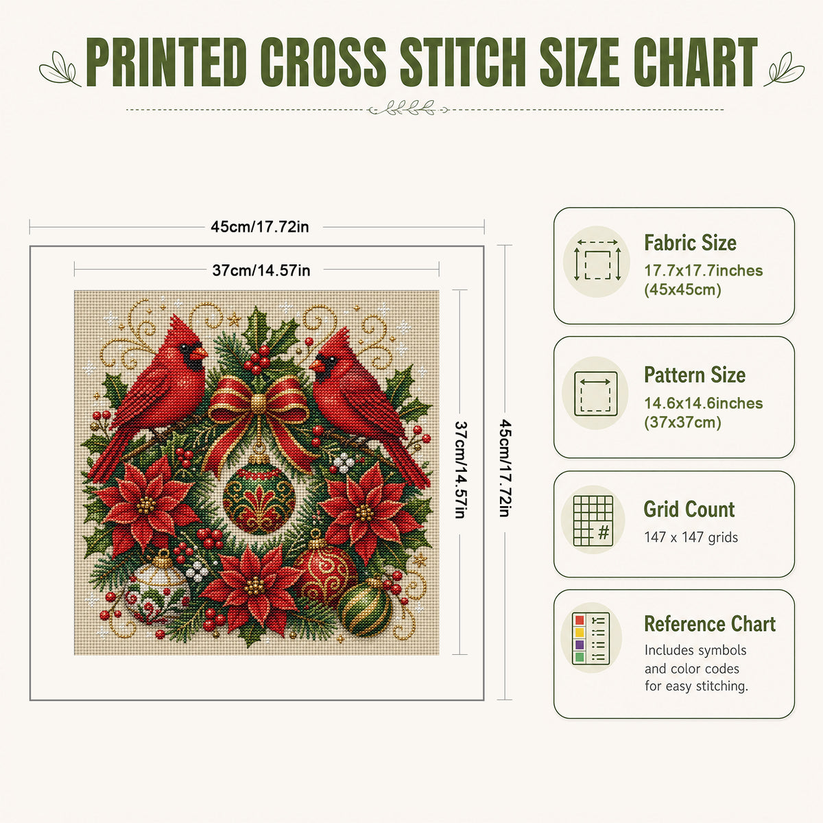 Cardinal Wreath-Dog - Full 11CT Stamped Cross Stitch 45x45CM - Huacan