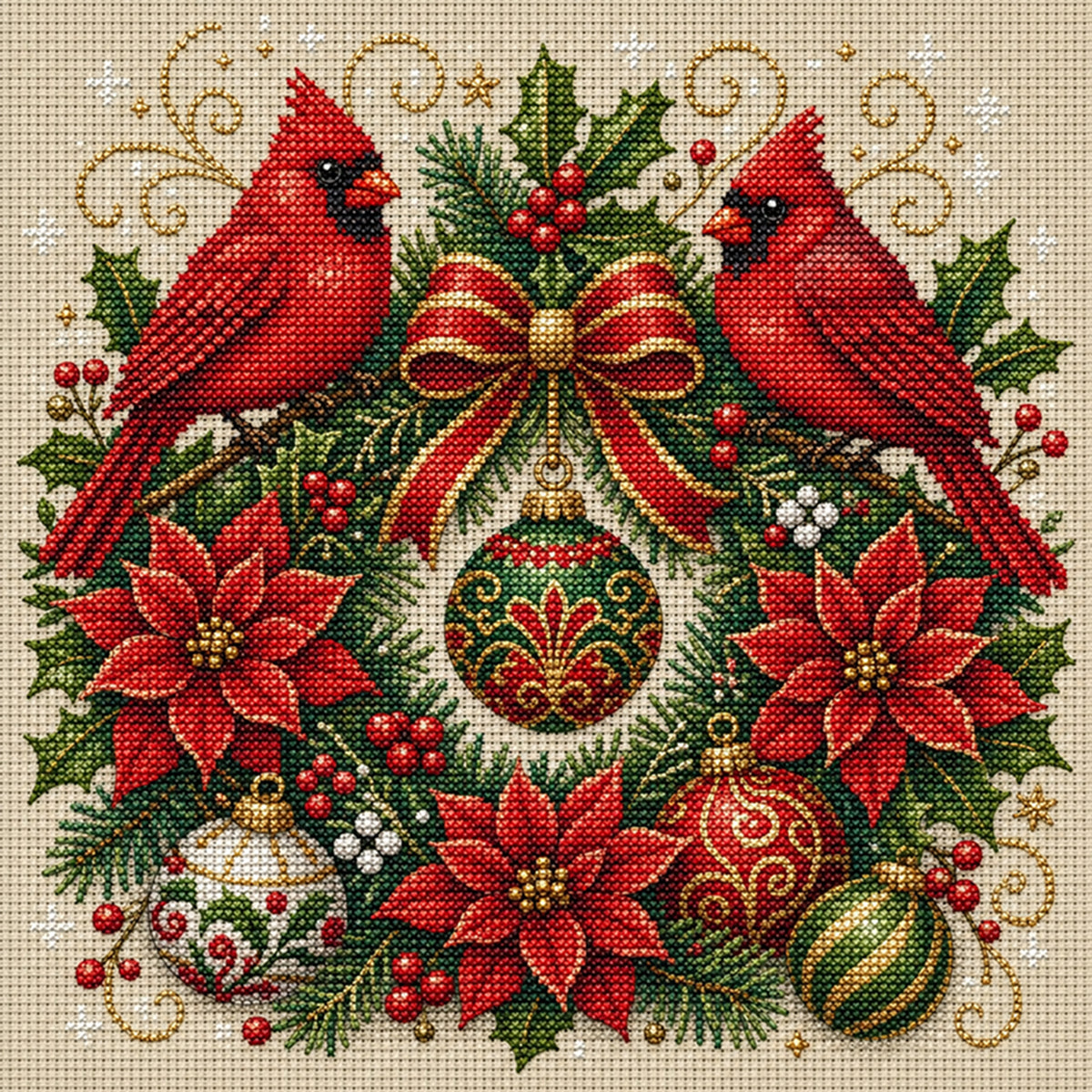 Cardinal Wreath-Dog - Full 11CT Stamped Cross Stitch 45x45CM - Huacan