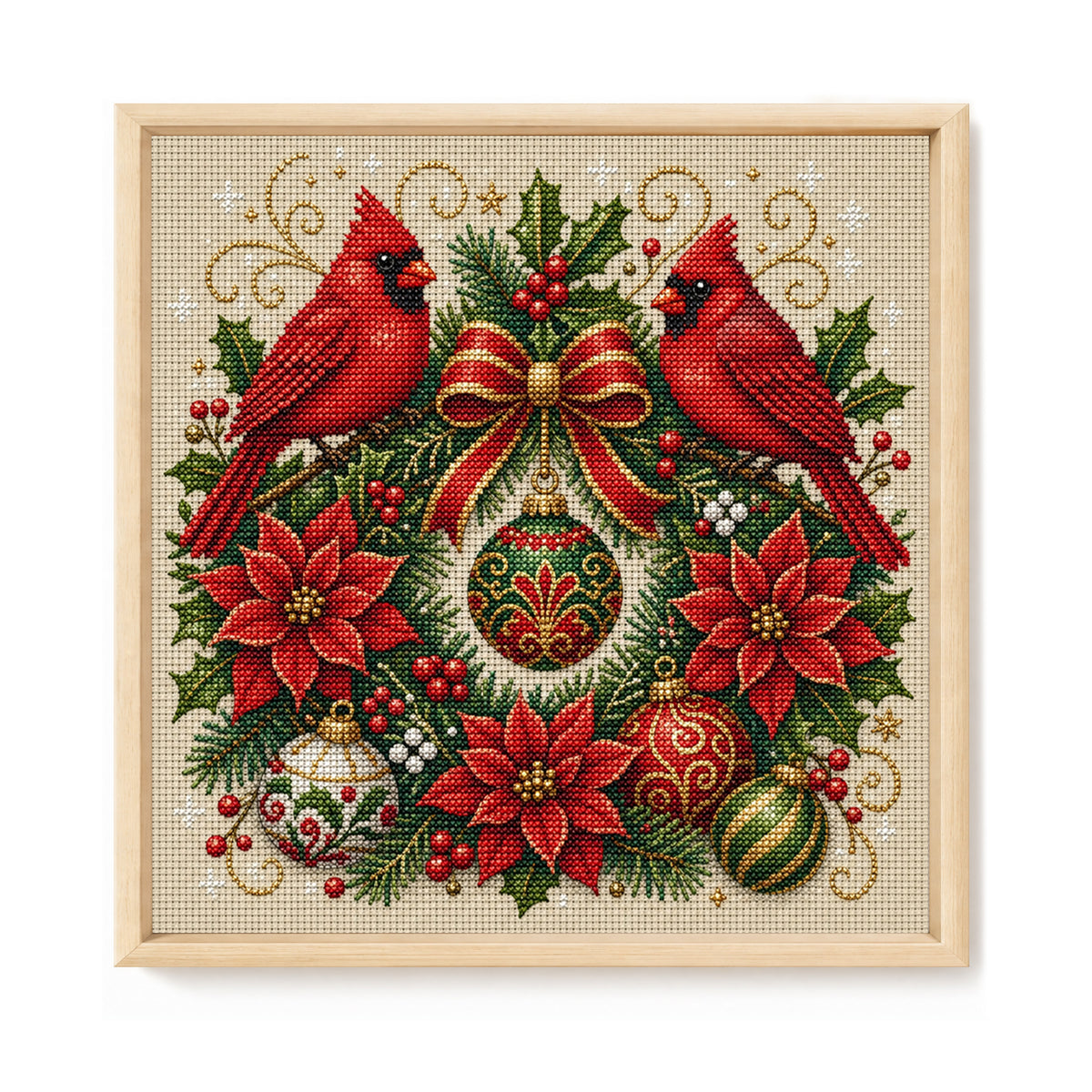 Cardinal Wreath-Dog - Full 11CT Stamped Cross Stitch 45x45CM - Huacan