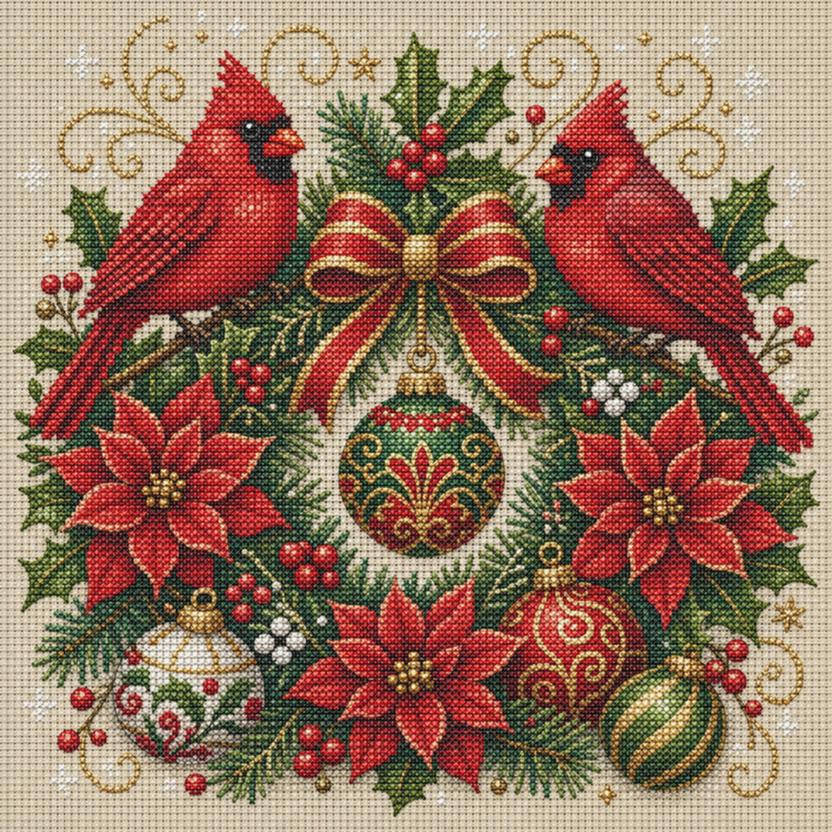 Cardinal Wreath-Dog - Full 11CT Stamped Cross Stitch 45x45CM - Huacan