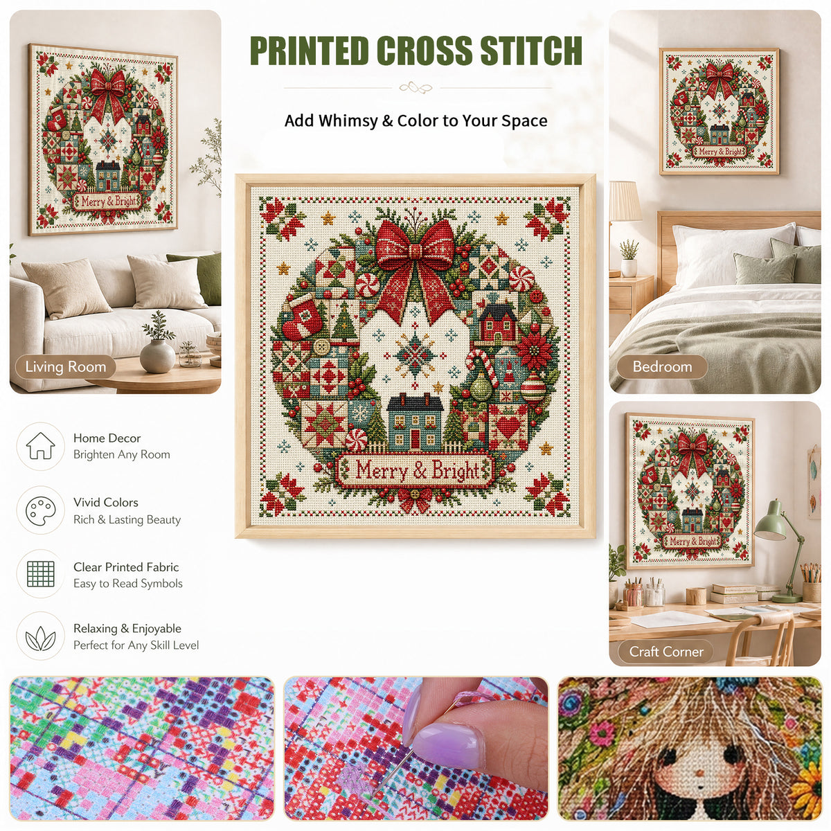 Patch Wreath - Full 11CT Stamped Cross Stitch 45x45CM - Huacan
