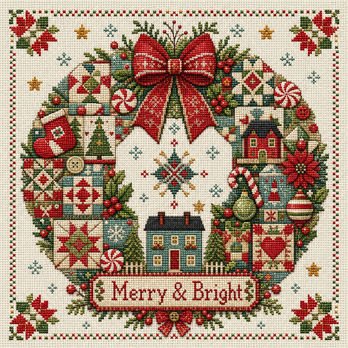 Patch Wreath - Full 11CT Stamped Cross Stitch 45x45CM - Huacan