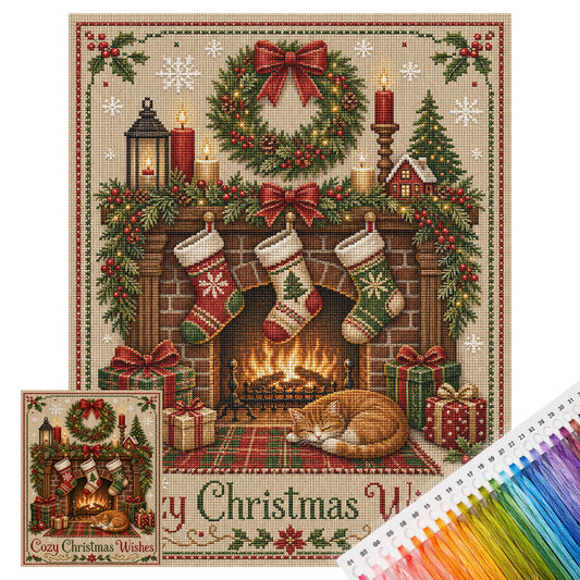 Kamin-Katze – Komplettes 11CT Stempel-Kreuzstichset 40x50 cm – Huacan