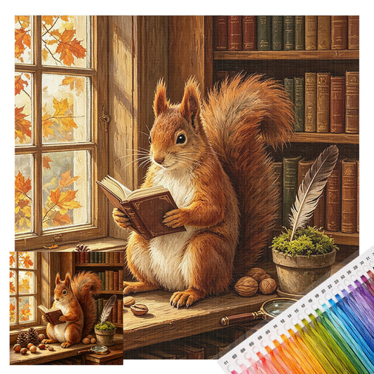 Squirrel Read - Full 11CT Stamped Cross Stitch 45x45CM - Huacan
