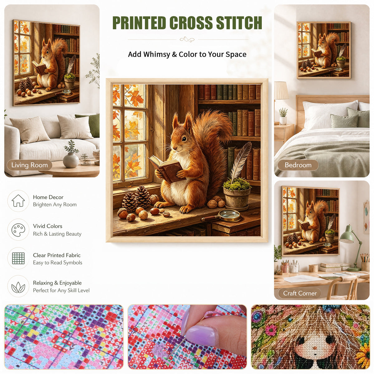 Squirrel Read - Full 11CT Stamped Cross Stitch 45x45CM - Huacan