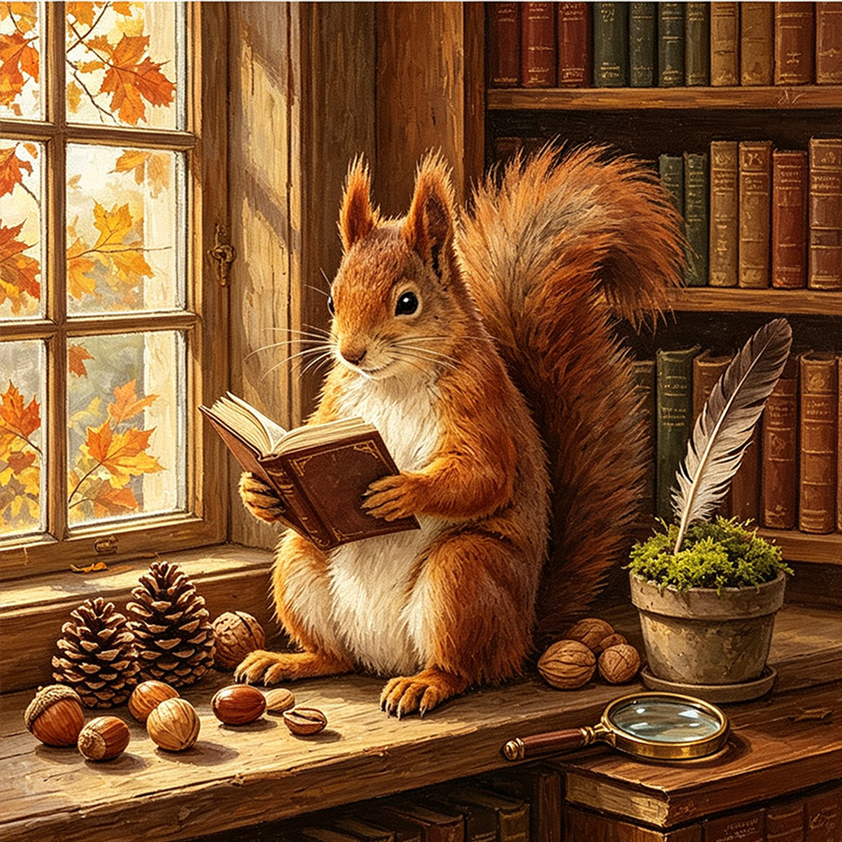 Squirrel Read - Full 11CT Stamped Cross Stitch 45x45CM - Huacan