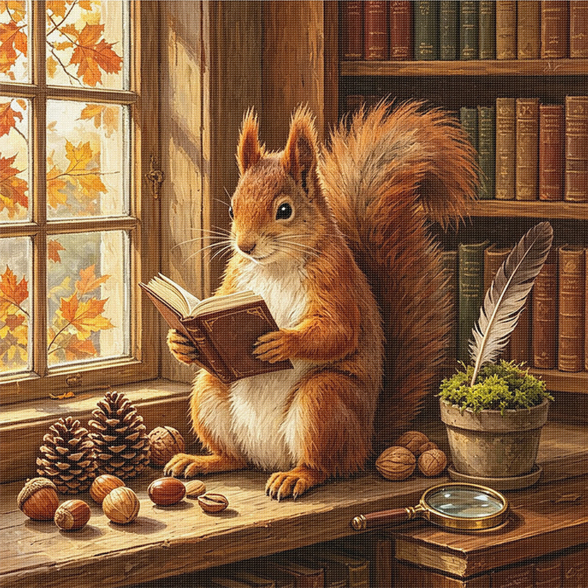 Squirrel Read - Full 11CT Stamped Cross Stitch 45x45CM - Huacan