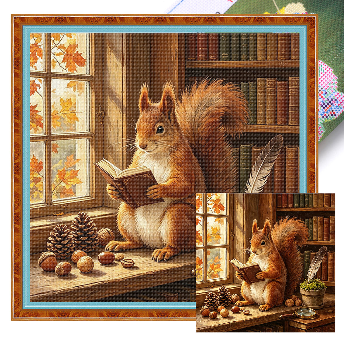 Squirrel Read - Full 11CT Stamped Cross Stitch 45x45CM - Huacan