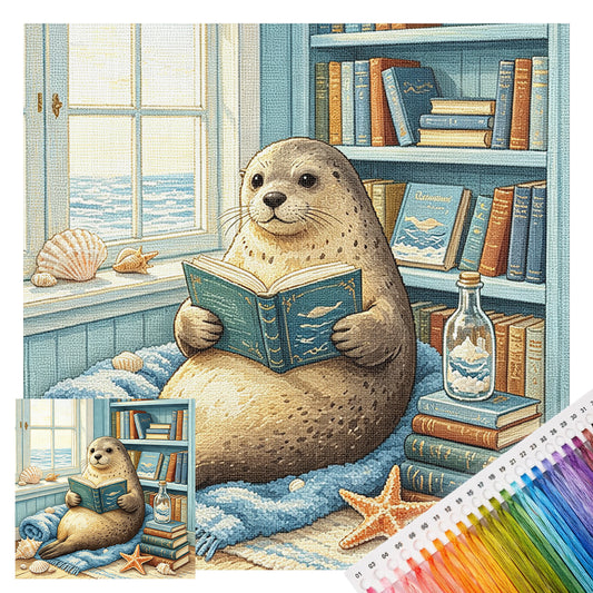 Seal Bookish - Vollständiges 11CT gestempeltes Kreuzstich-Set 45x45CM - Huacan