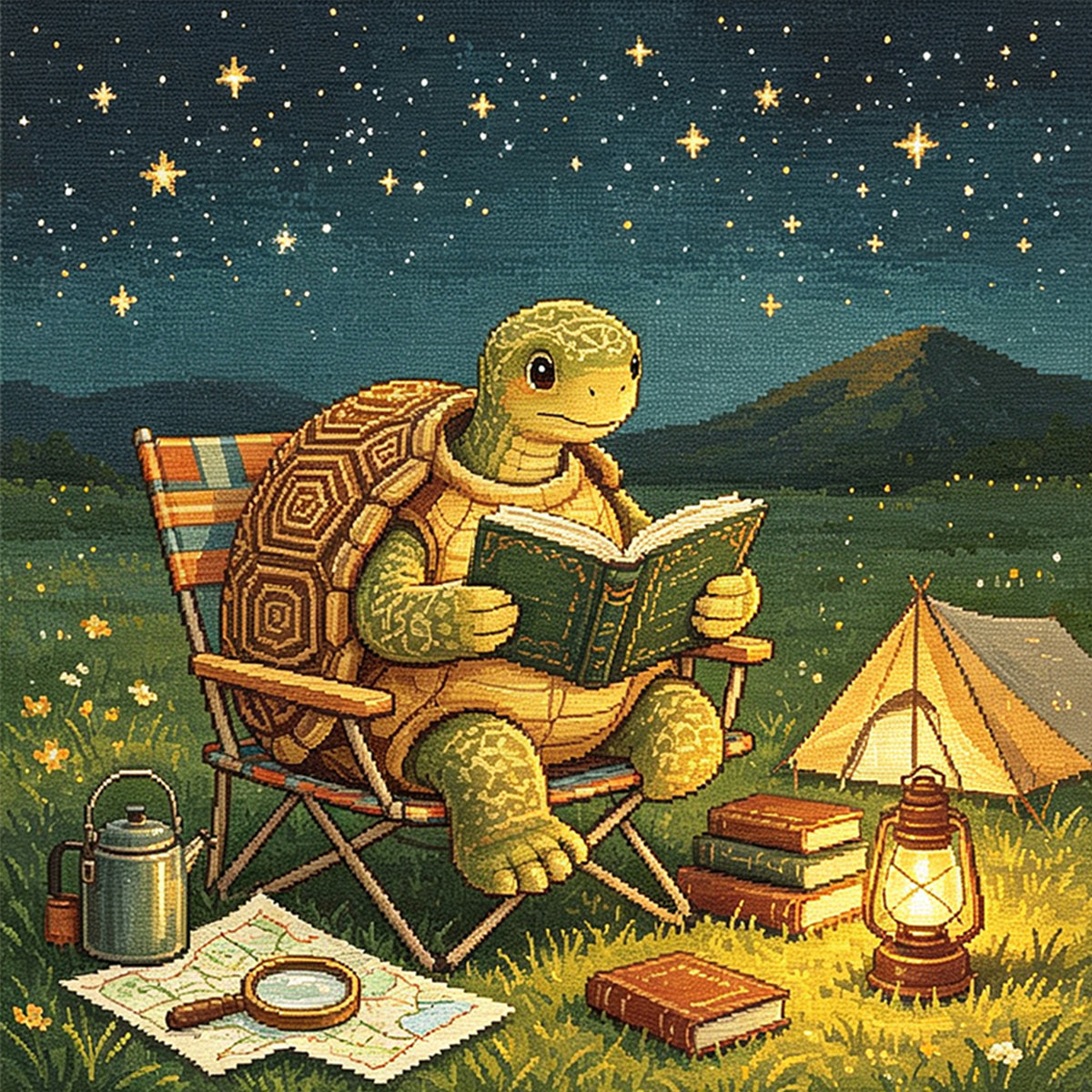 Turtle Camp Read - Full 11CT Stamped Cross Stitch 45x45CM - Huacan
