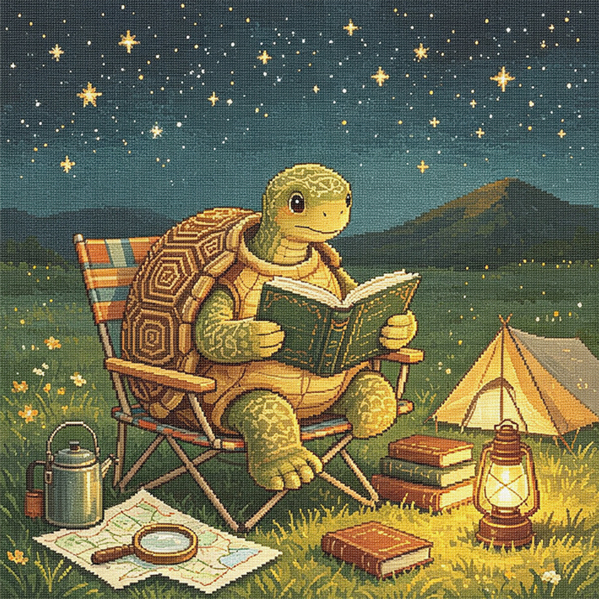 Turtle Camp Read - Full 11CT Stamped Cross Stitch 45x45CM - Huacan