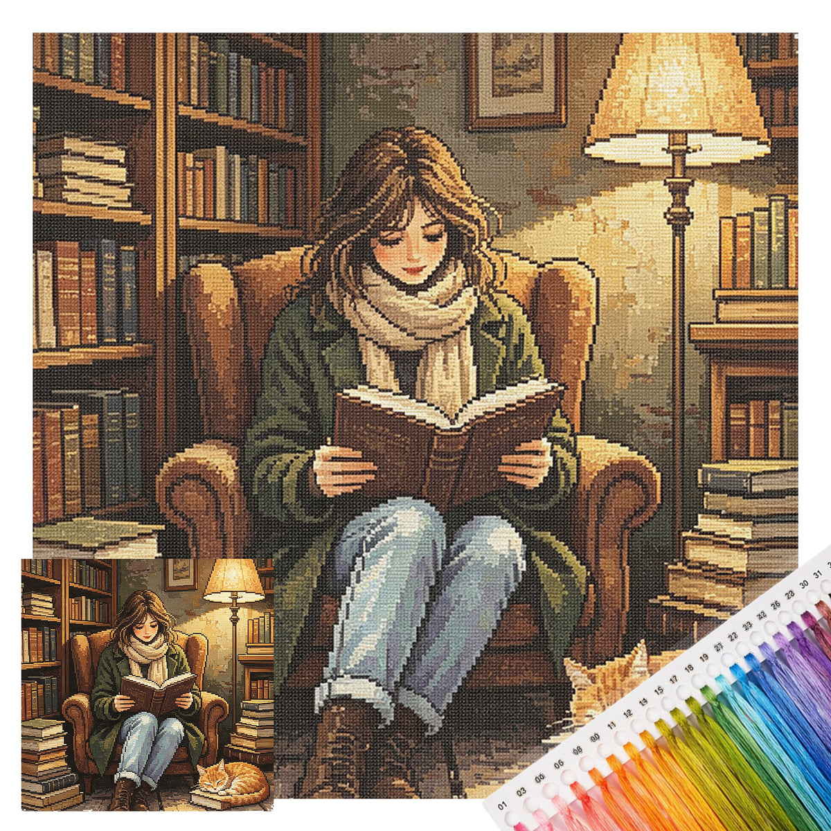 Gemütliches Lesen - Vollständiges 11CT Stempel-Kreuzstich-Set 45x45cm - Huacan