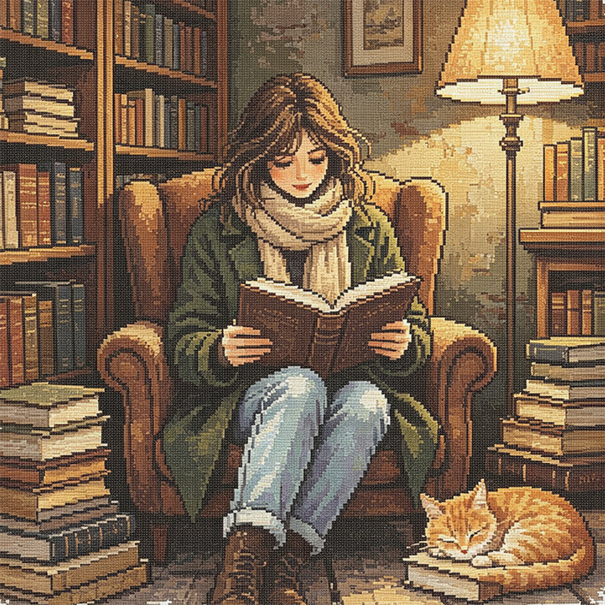 Gemütliches Lesen - Vollständiges 11CT Stempel-Kreuzstich-Set 45x45cm - Huacan
