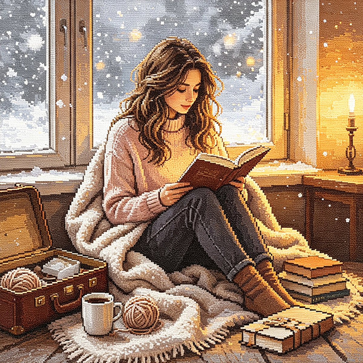 Warm Reader - Full 11CT Stamped Cross Stitch 45x45CM - Huacan