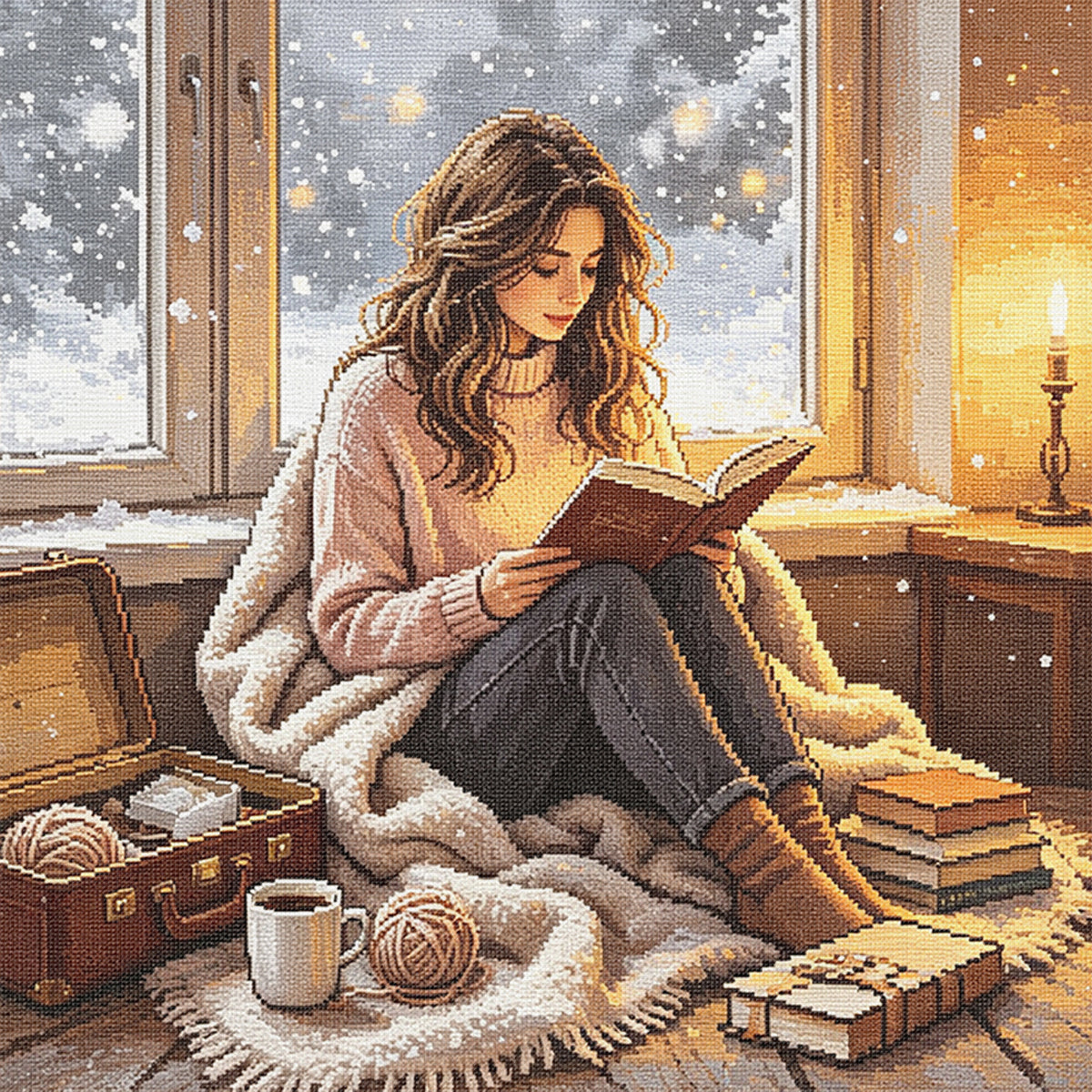 Warm Reader - Full 11CT Stamped Cross Stitch 45x45CM - Huacan
