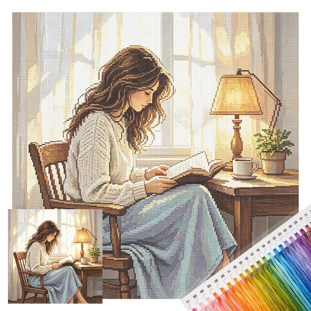 Sunny Read - Vollständiges 11CT gestempeltes Kreuzstich-Set 45x45CM - Huacan