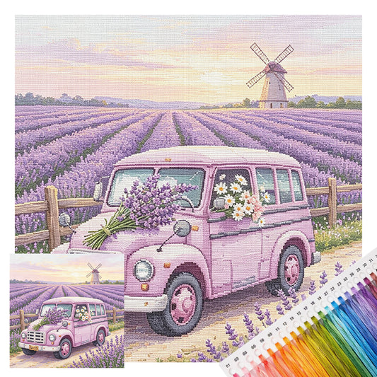 Lavendel-Van – Vollständiges 14CT gestempeltes Kreuzstich-Set 30x30CM – Huacan