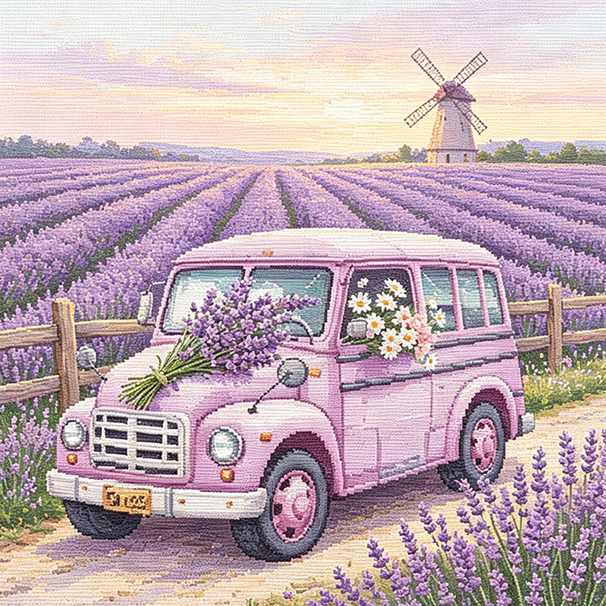 Lavender Van - Full 14CT Stamped Cross Stitch 30x30CM - Huacan