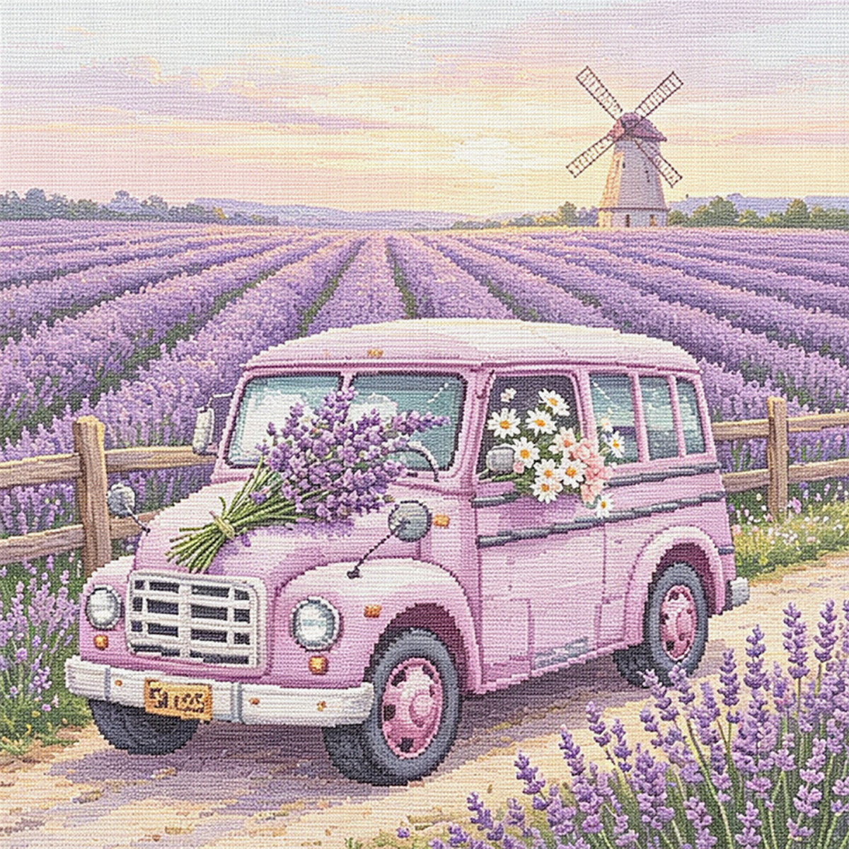 Lavender Van - Full 14CT Stamped Cross Stitch 30x30CM - Huacan