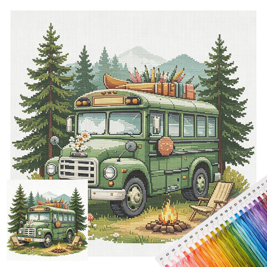 Campingbus – Vollständiges 14CT Stempel-Kreuzstich-Set 30x30CM – Huacan