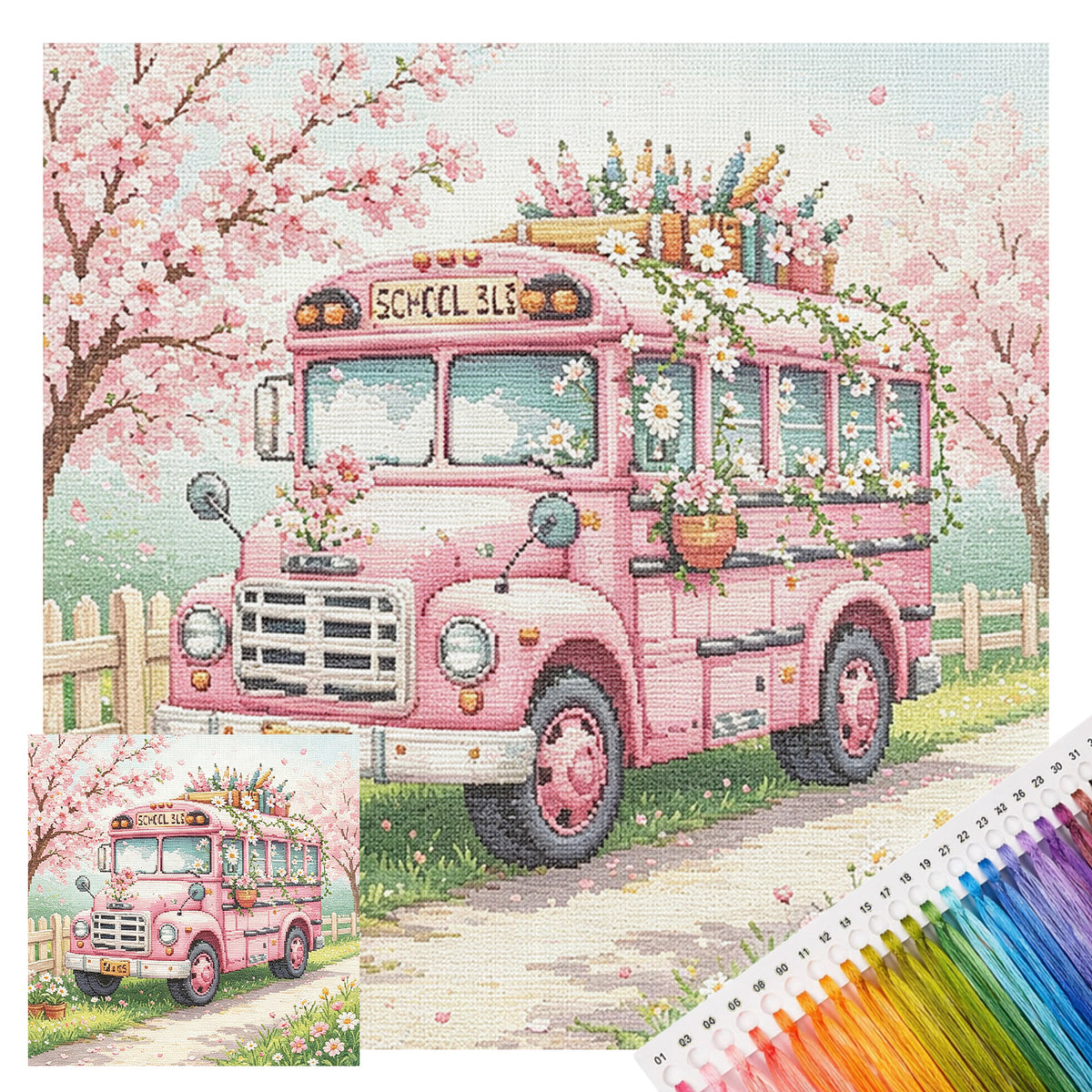 Sakura Bus - Full 14CT Stamped Cross Stitch 30x30CM - Huacan