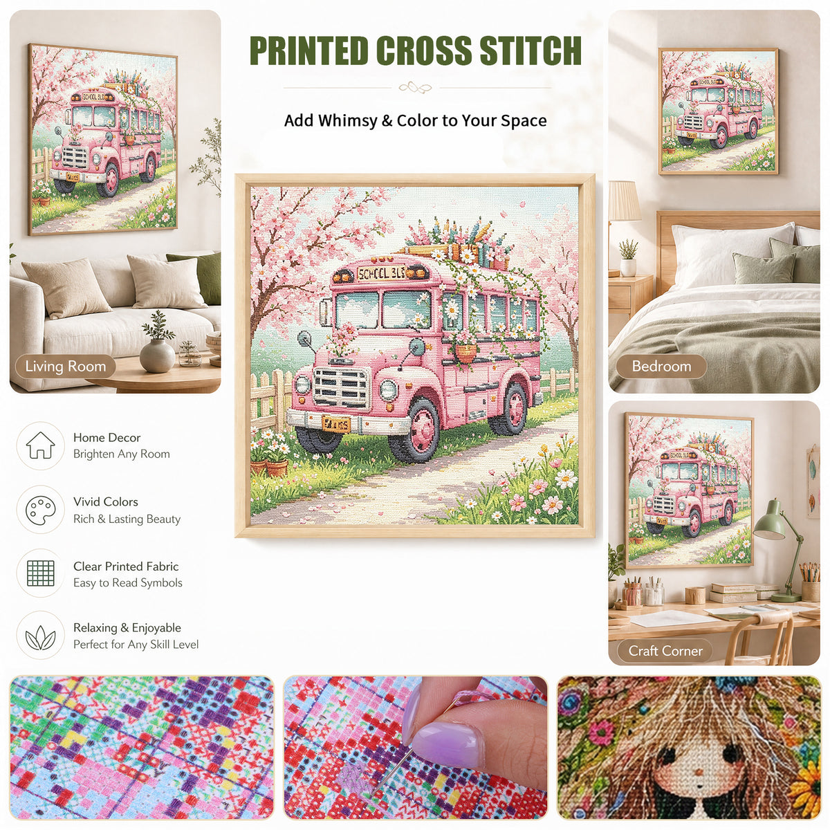 Sakura Bus - Full 14CT Stamped Cross Stitch 30x30CM - Huacan