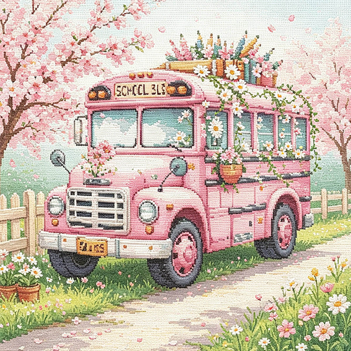 Sakura Bus - Full 14CT Stamped Cross Stitch 30x30CM - Huacan