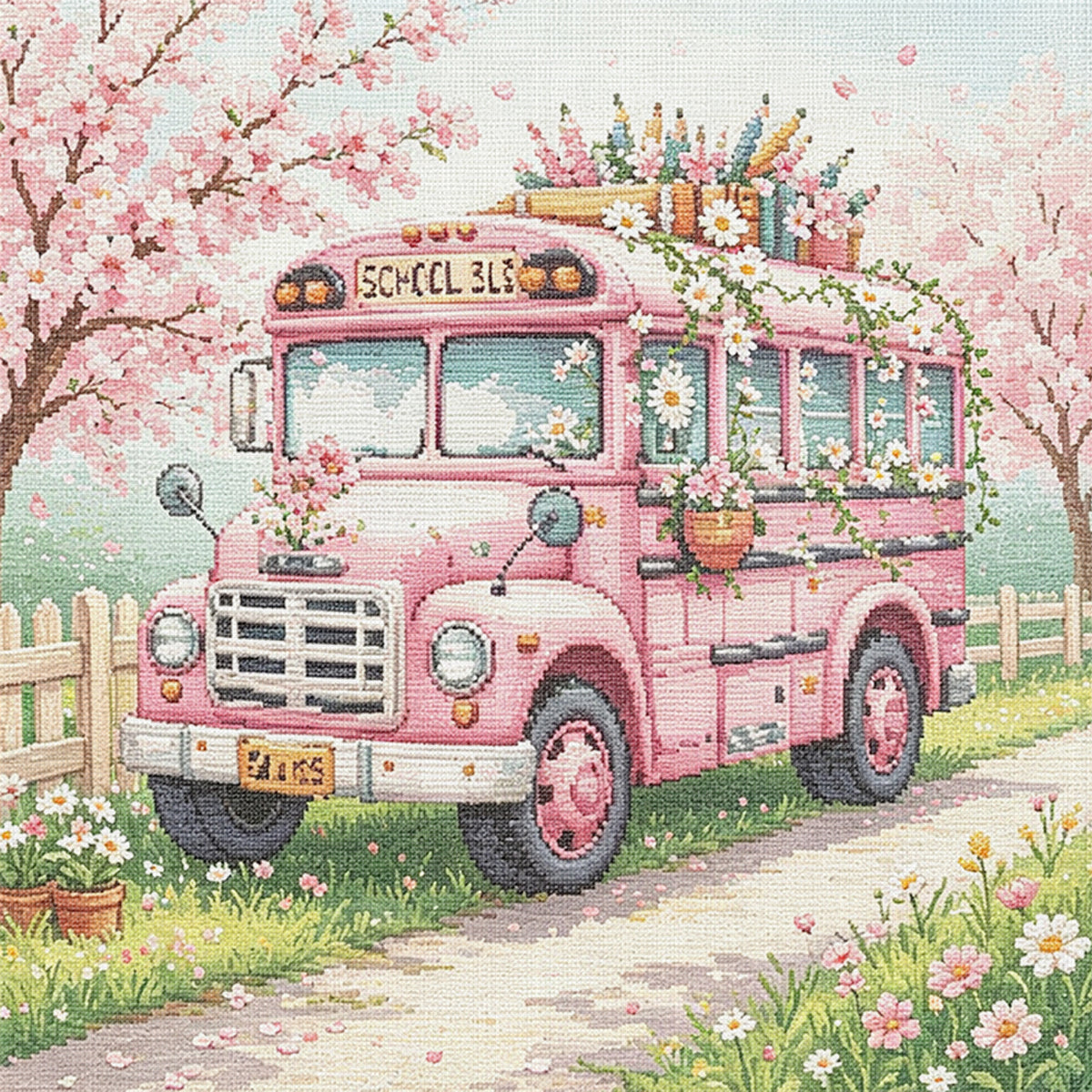 Sakura Bus - Full 14CT Stamped Cross Stitch 30x30CM - Huacan