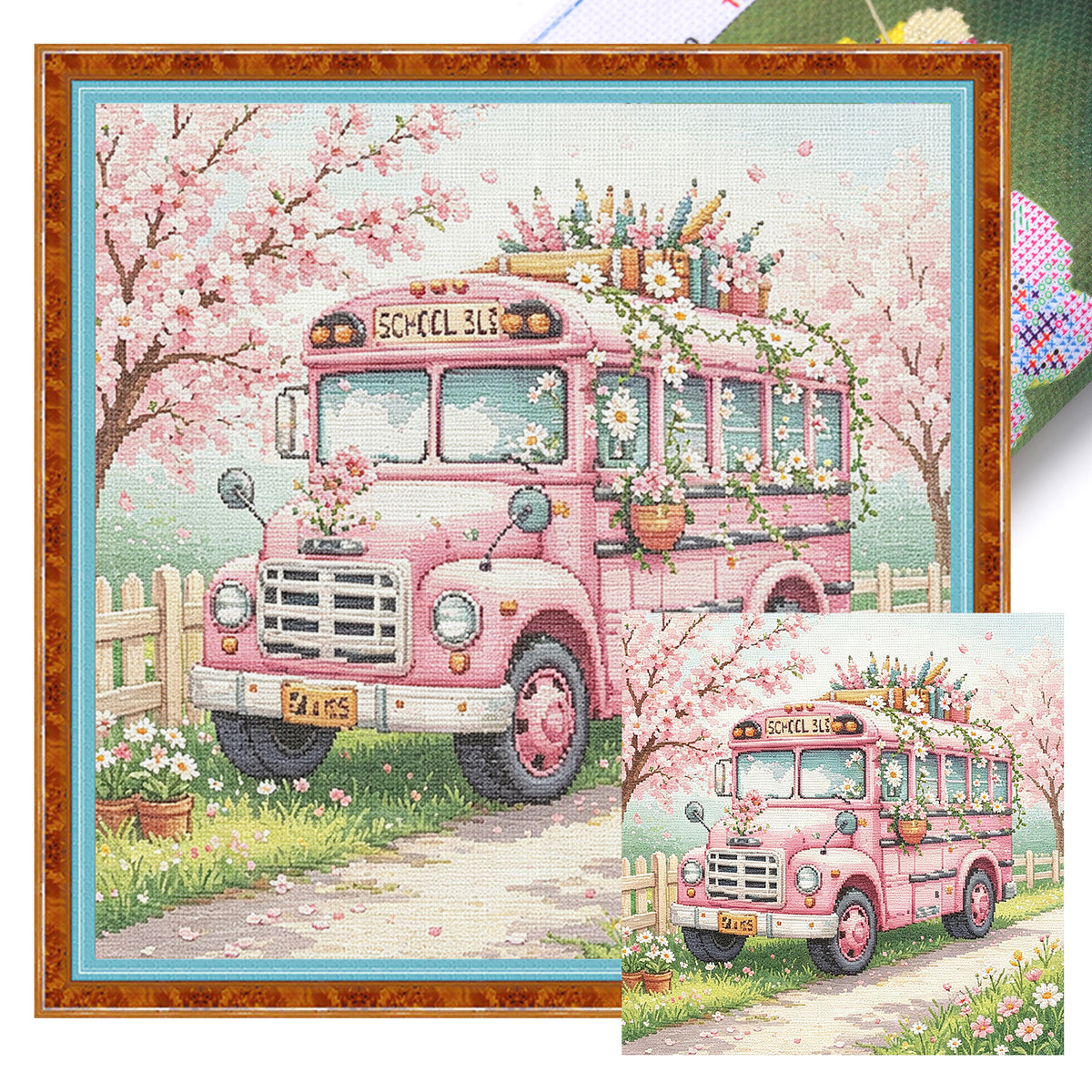 Sakura Bus - Full 14CT Stamped Cross Stitch 30x30CM - Huacan