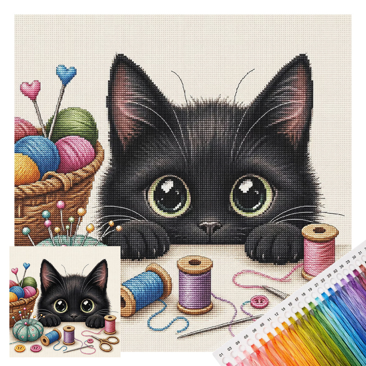Cat And Sewing Supplies - Full 11CT Stamped Cross Stitch 40x40CM - Yishu